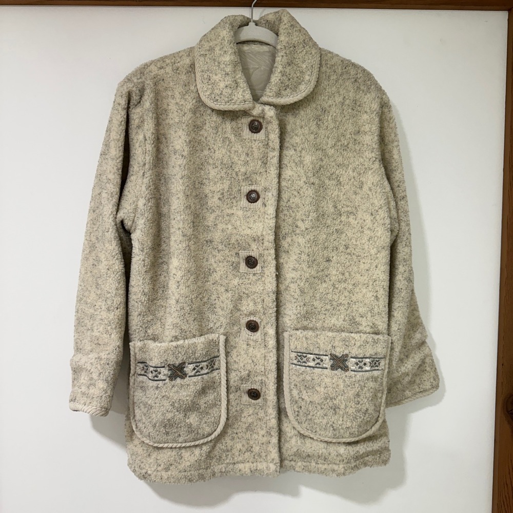 Haband Fleece Sherpa Jacket Womens Small Cream Silk Blend Lined Button Coat Cozy